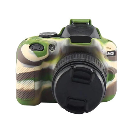 Protective Silicone Case for Nikon D3400 and D3300 Digital Cameras — camo green soft silicone cover protects camera body, buttons and lens cap access