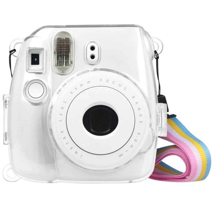 Crystal Protective Case for Fujifilm Instax Mini 9 and 8+ Cameras shown on a clear instant camera with rainbow strap, dust and scratch protection