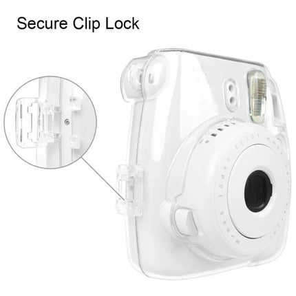 Crystal Protective Case for Fujifilm Instax Mini 9 and 8+ Cameras showing transparent secure clip lock protecting camera while allowing quick access
