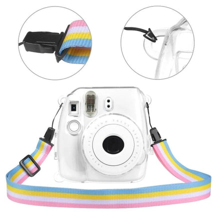 Crystal Protective Case for Fujifilm Instax Mini 9 and 8+ Cameras - transparent protective cover showing camera with rainbow strap, dust and scratch protection