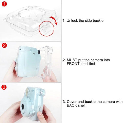 Crystal Protective Case for Fujifilm Instax Mini 9 and 8+ Cameras showing transparent snap-on installation steps unlocking side buckle, insert front, attach back shell
