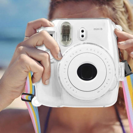 Crystal Protective Case for Fujifilm Instax Mini 9 and 8+ Cameras shown on white Instax camera held by person at beach, transparent dust and scratch protection