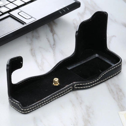 PU Leather Half Case with 1/4 Inch Thread for Fujifilm X-T3, black stitched protective half-case showing screw thread and open interior