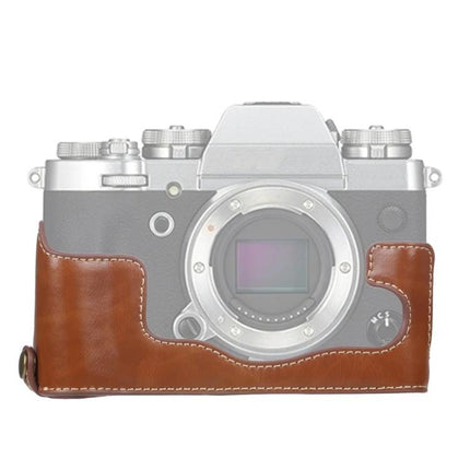 PU Leather Half Case with 1/4 Inch Thread for Fujifilm X-T3 brown protective half-case on camera, durable PU leather, quick access, travel-ready
