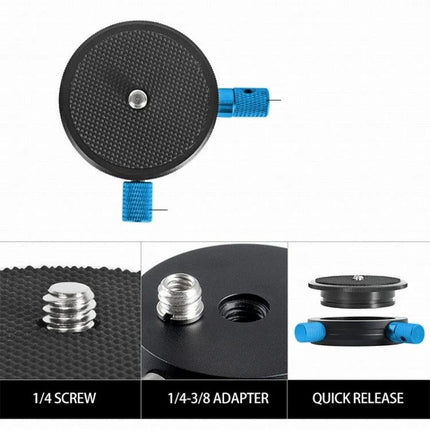 BEXIN Quick Release Head for Camera Tripods with 360-Degree Rotation showing 1/4 screw, 1/4-3/8 adapter and quick release plate