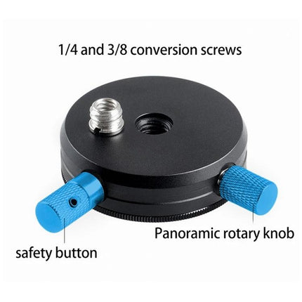 BEXIN Quick Release Head for Camera Tripods with 360-Degree Rotation showing 1/4 and 3/8 conversion screws, safety button and panoramic rotary knob