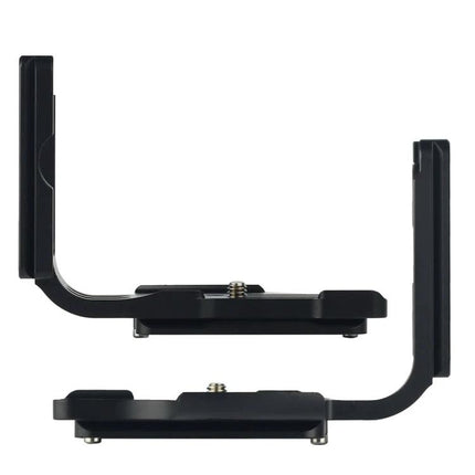 Quick Release L Plate for Nikon D800, D800E, and D810 Cameras shown from side view, black lightweight aluminum L-bracket for tripod mounting