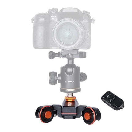 YELANGU Electric Camera Dolly for Video and Photo Recording compact motorized dolly with orange wheels and remote for DSLR and smartphone shots