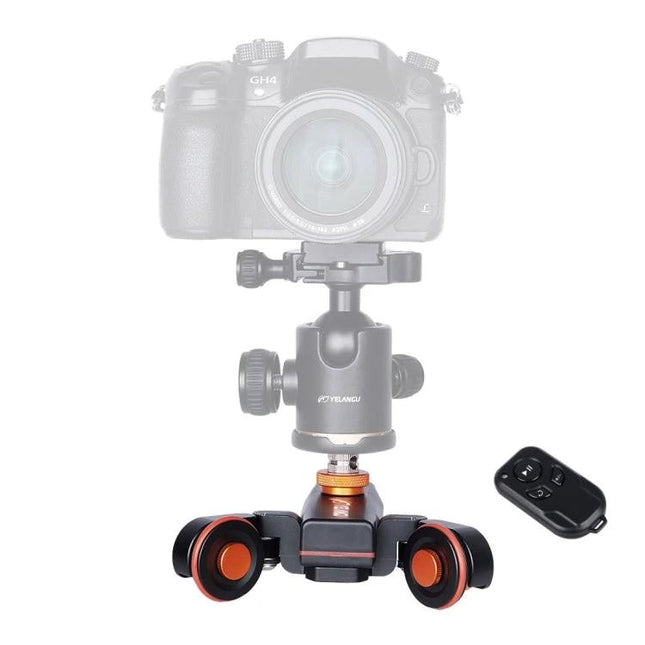 YELANGU Electric Camera Dolly for Video and Photo Recording compact motorized dolly with orange wheels and remote for DSLR and smartphone shots