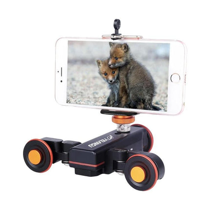 YELANGU Electric Camera Dolly for Video and Photo Recording compact smartphone setup showing smooth motorized rail dolly movement