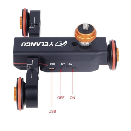 YELANGU Electric Camera Dolly for Video and Photo Recording black motorized dolly with USB port and on off switch for smooth footage