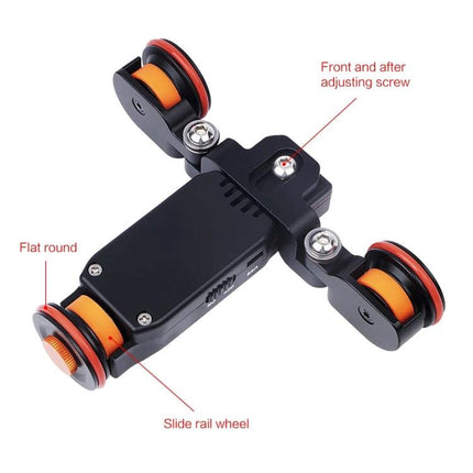 YELANGU Electric Camera Dolly for Video and Photo Recording – compact black motorized dolly with orange slide rail wheels and adjustable screws