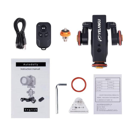 YELANGU Electric Camera Dolly for Video and Photo Recording compact kit with remote, cable, adapter, allen key and manual