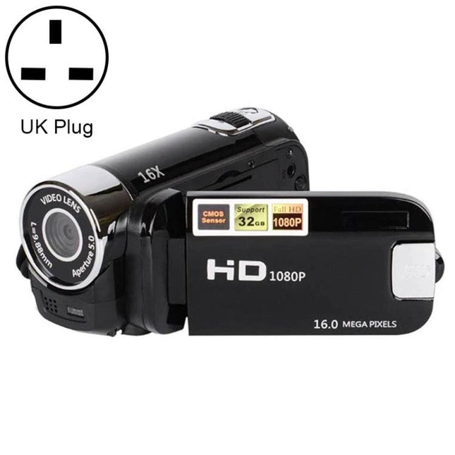 Versatile Digital Camera for Travel and Home Use with UK Plug showing black HD 1080P camcorder with UK plug icon