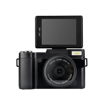 R2 Vlog Camera With Adjustable Flip Screen For Selfies front view showing flip screen up and lens
