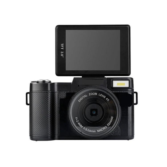 R2 Vlog Camera With Adjustable Flip Screen For Selfies front view showing flip screen, lens and flash for vlogging and selfies