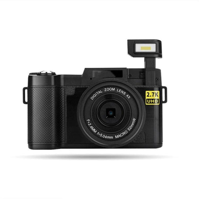 R2 Vlog Camera With Adjustable Flip Screen For Selfies front view black camera with pop-up flash and 2.7K UHD label
