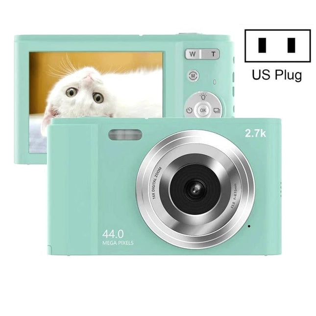 Easy-to-Use Digital Camera for Kids' Everyday Photography compact mint camera with large lens and LCD showing a cat