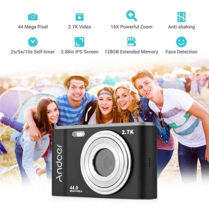 Easy-to-Use Digital Camera for Kids' Everyday Photography compact black camera with friends at outdoor event, 2.7K video and 44MP features