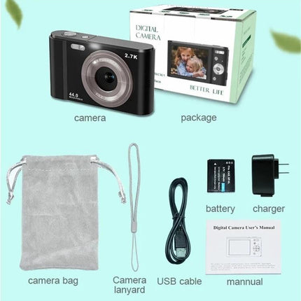 Easy-to-Use Digital Camera for Kids' Everyday Photography showing compact black camera, box, battery, charger, USB cable, bag and manual