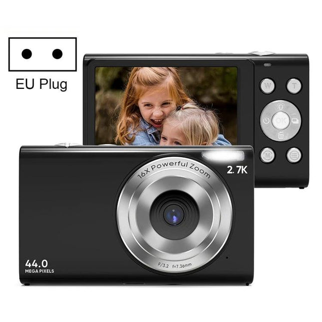 Compact and User-Friendly Digital Camera for Kids’ Photography 44MP 1080P black compact camera with flip screen showing smiling children, EU plug