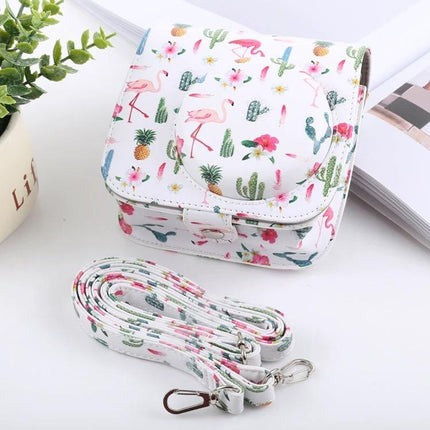 Cactus Flamingo Pattern Protective Case for Fujifilm Instax Mini Cameras – white cactus and flamingo print camera case with adjustable strap