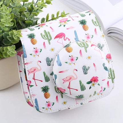 Cactus Flamingo Pattern Protective Case for Fujifilm Instax Mini Cameras – white cactus and flamingo print camera case with strap