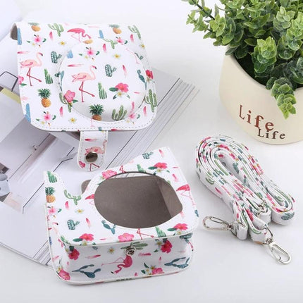 Cactus Flamingo Pattern Protective Case for Fujifilm Instax Mini Cameras - white floral cactus and flamingo camera case with strap