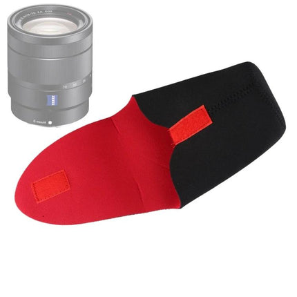Neoprene Protective Storage Bag for 90mm Camera Lenses - black and red neoprene sleeve with velcro for travel protection