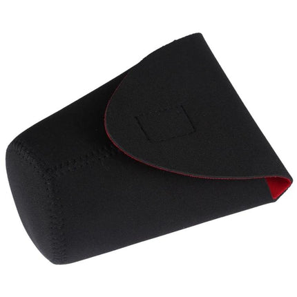 Neoprene Protective Storage Bag for 90mm Camera Lenses - black neoprene lens pouch with red interior, flap closure for dust and moisture protection