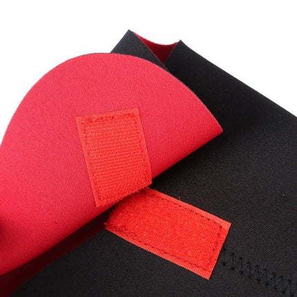 Neoprene Protective Storage Bag for 90mm Camera Lenses in black and red neoprene with hook-and-loop closure, shown open to display padding