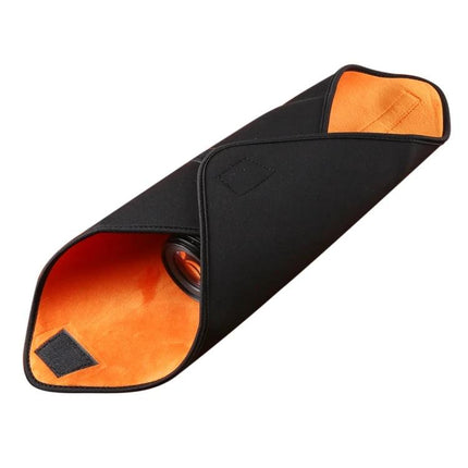 Soft Neoprene Cloth for Protecting Camera Lenses, 40x40cm Size - black neoprene wrap with orange interior protecting a camera lens