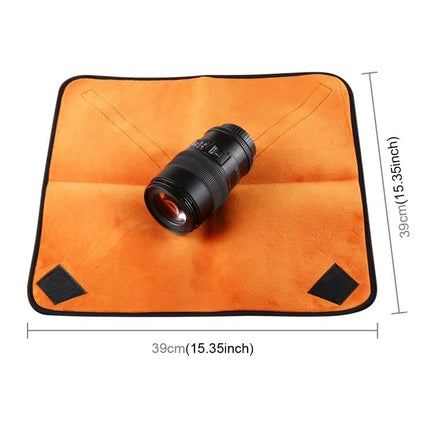 Soft Neoprene Cloth for Protecting Camera Lenses, 40x40cm Size — orange neoprene cloth with camera lens on it, foldable protective wrap for lenses