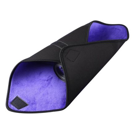 Soft Neoprene Cloth for Protecting Camera Lenses, 40x40cm Size - black neoprene wrap with purple microfiber lining around a camera lens