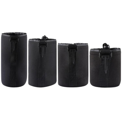Neoprene Pouches for Camera Lens Protection, Set of 4 with Carabiner - four black neoprene lens sleeves with drawstrings and carabiner loop