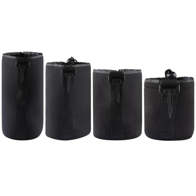 Neoprene Pouches for Camera Lens Protection, Set of 4 with Carabiner - four black neoprene lens sleeves with drawstrings and carabiner loop