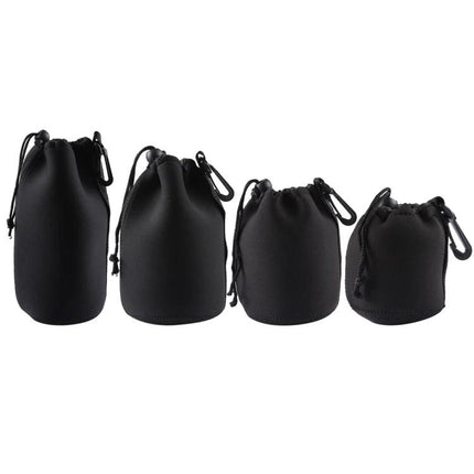 Neoprene Pouches for Camera Lens Protection, Set of 4 with Carabiner — black neoprene drawstring pouches for protecting and organizing lenses