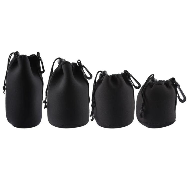 Neoprene Pouches for Camera Lens Protection, Set of 4 with Carabiner — black neoprene drawstring pouches for protecting and organizing lenses