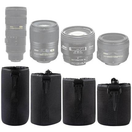 Neoprene Pouches for Camera Lens Protection, Set of 4 with Carabiner - black neoprene lens sleeves for travel and backpack storage