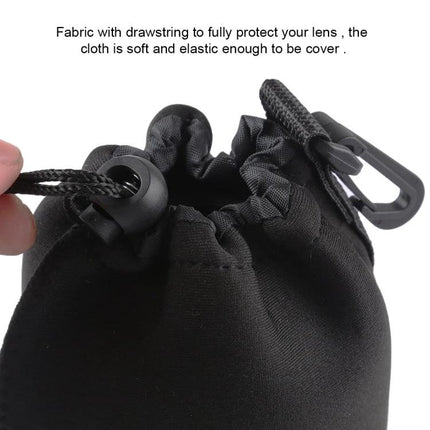 Neoprene Pouches for Camera Lens Protection, Set of 4 with Carabiner showing black drawstring pouch with carabiner for lens storage