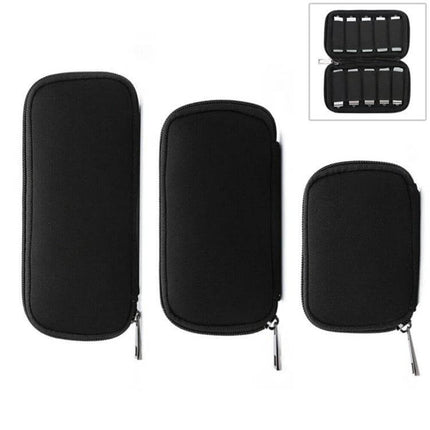 3-in-1 Neoprene Storage Bag for U Disk and Tech Cables showing three black zippered cases and interior compartments for USB drives and cables