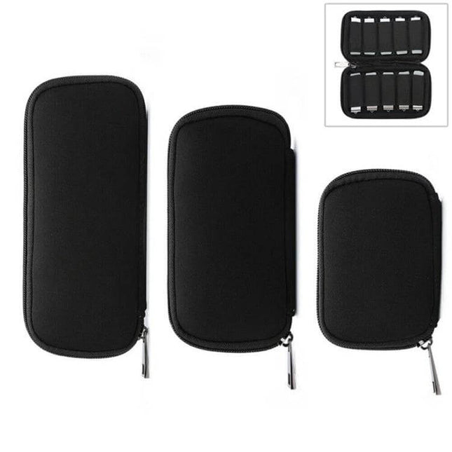 3-in-1 Neoprene Storage Bag for U Disk and Tech Cables showing three black zippered cases and interior compartments for USB drives and cables