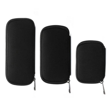 3-in-1 Neoprene Storage Bag for U Disk and Tech Cables — three black neoprene zippered pouches for cables, USB drives and accessories