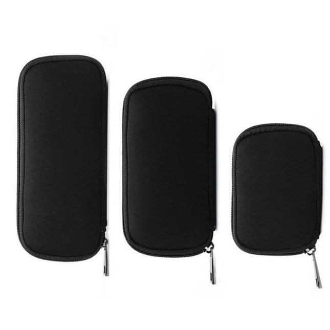 3-in-1 Neoprene Storage Bag for U Disk and Tech Cables — three black neoprene zippered pouches for cables, USB drives and accessories