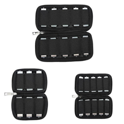 3-in-1 Neoprene Storage Bag for U Disk and Tech Cables shown open with multiple elastic slots holding USB drives and small cables