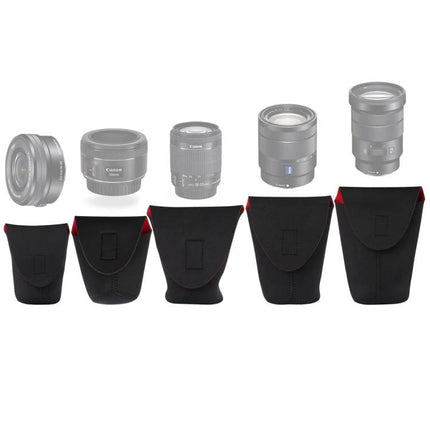Protective Neoprene Storage Bag for SLR Camera Lenses, 5-in-1 Package - five black neoprene lens pouches for varied SLR lenses