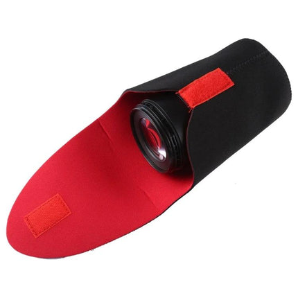 Protective Neoprene Storage Bag for SLR Camera Lenses, 5-in-1 Package black and red neoprene lens sleeve with lens inside
