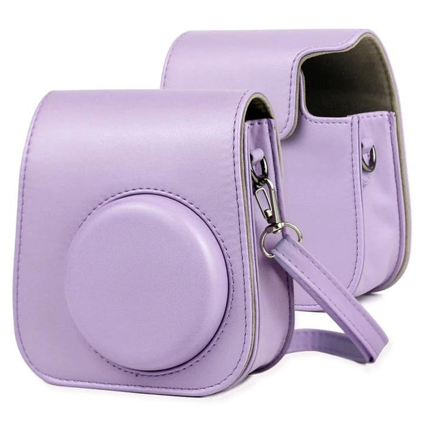Purple Leather Case with Shoulder Strap for Fujifilm Instax Mini 11 — purple PU protective camera bag with removable strap