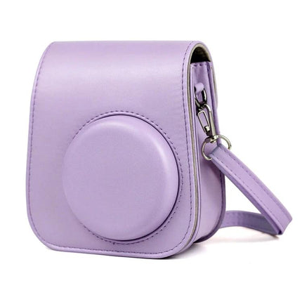 Purple Leather Case with Shoulder Strap for Fujifilm Instax Mini 11 in purple polyurethane with detachable strap, protective camera cover