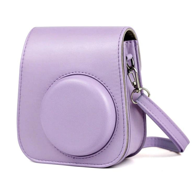 Purple Leather Case with Shoulder Strap for Fujifilm Instax Mini 11 in purple polyurethane with detachable strap, protective camera cover